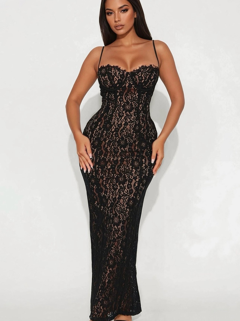 Fashion Nova Black Lace Maxi Dress with Nude Underlay